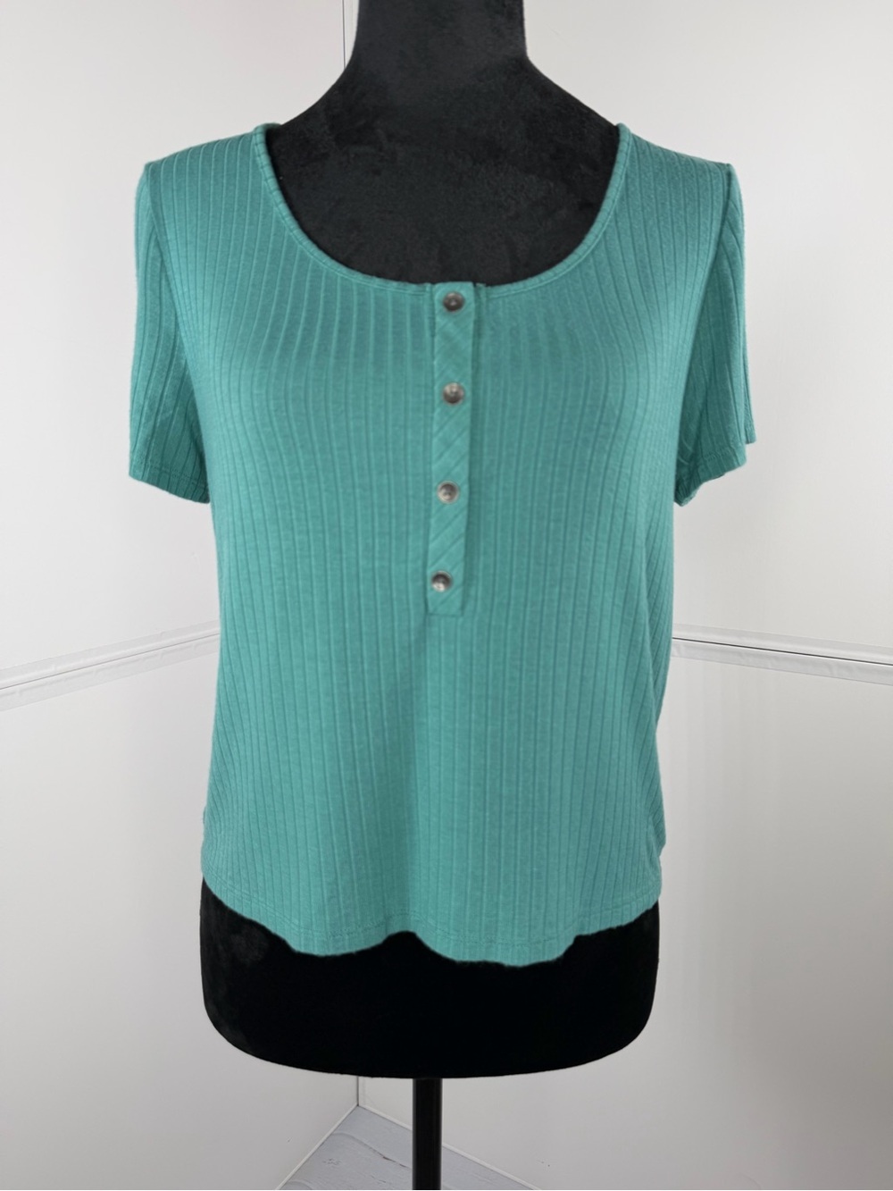 American Eagle Ribbed Henley Top Teal Green Size Large